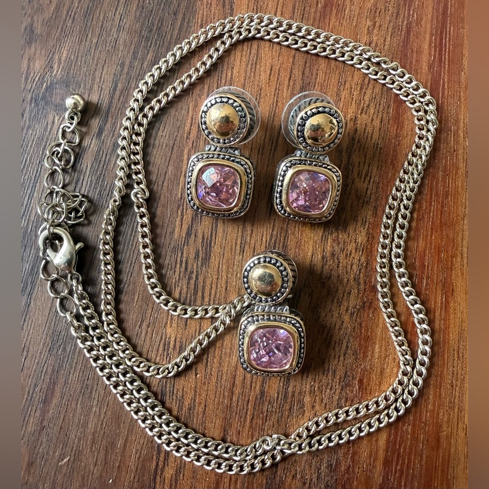 Silver and Gold Tone Necklace Pendant and Pierced Earrings Pink Jewelry Set